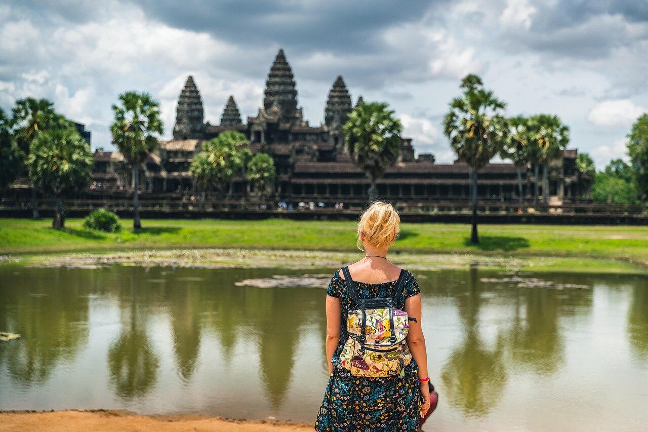 Visitor standing in the front  of Angkor Wat, Siem Reap